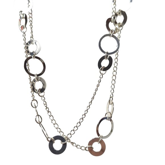 Silver Tone Geometric Chain Necklace Interlocking Rings Modern Jewelry - Picture 1 of 4